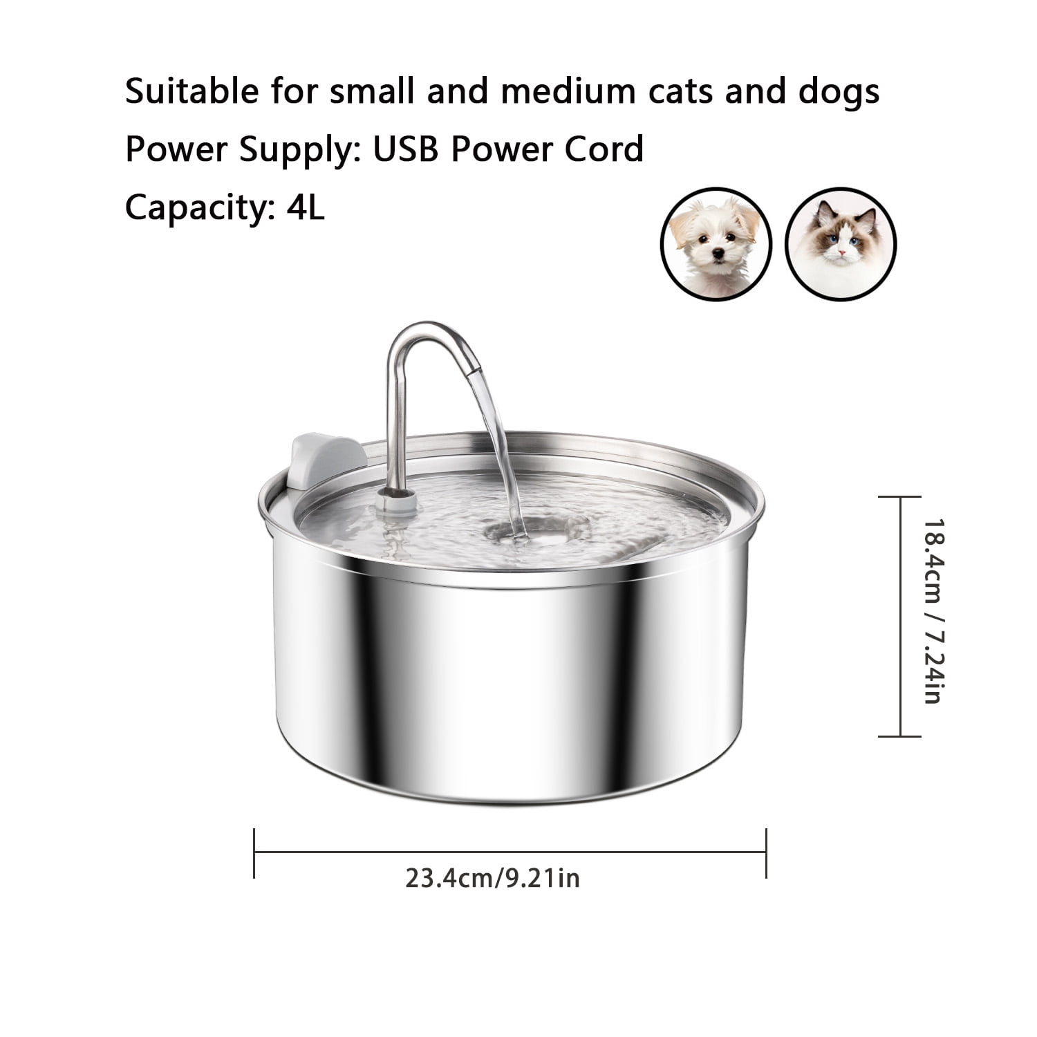 Petavista Cat Water fountain 140oz/4L Stainless Steel Cat Fountain Water dispenser for cats and dogs