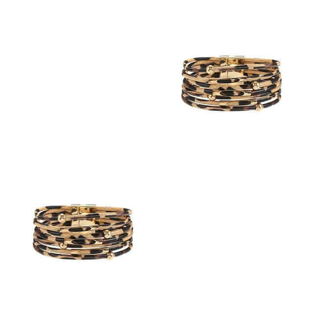 Minnieouse Pulseras multicapas de cuero multicolor estampado de leopardo cobre moda mujeres hombres accesorios joyería Beige 2Conjunto