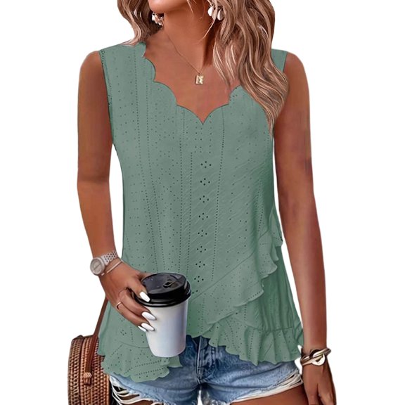 Womens Ruffle Tank Tops V Neck Sleeveless Shirts Solid Color Curved Cross Hem Vest, XL