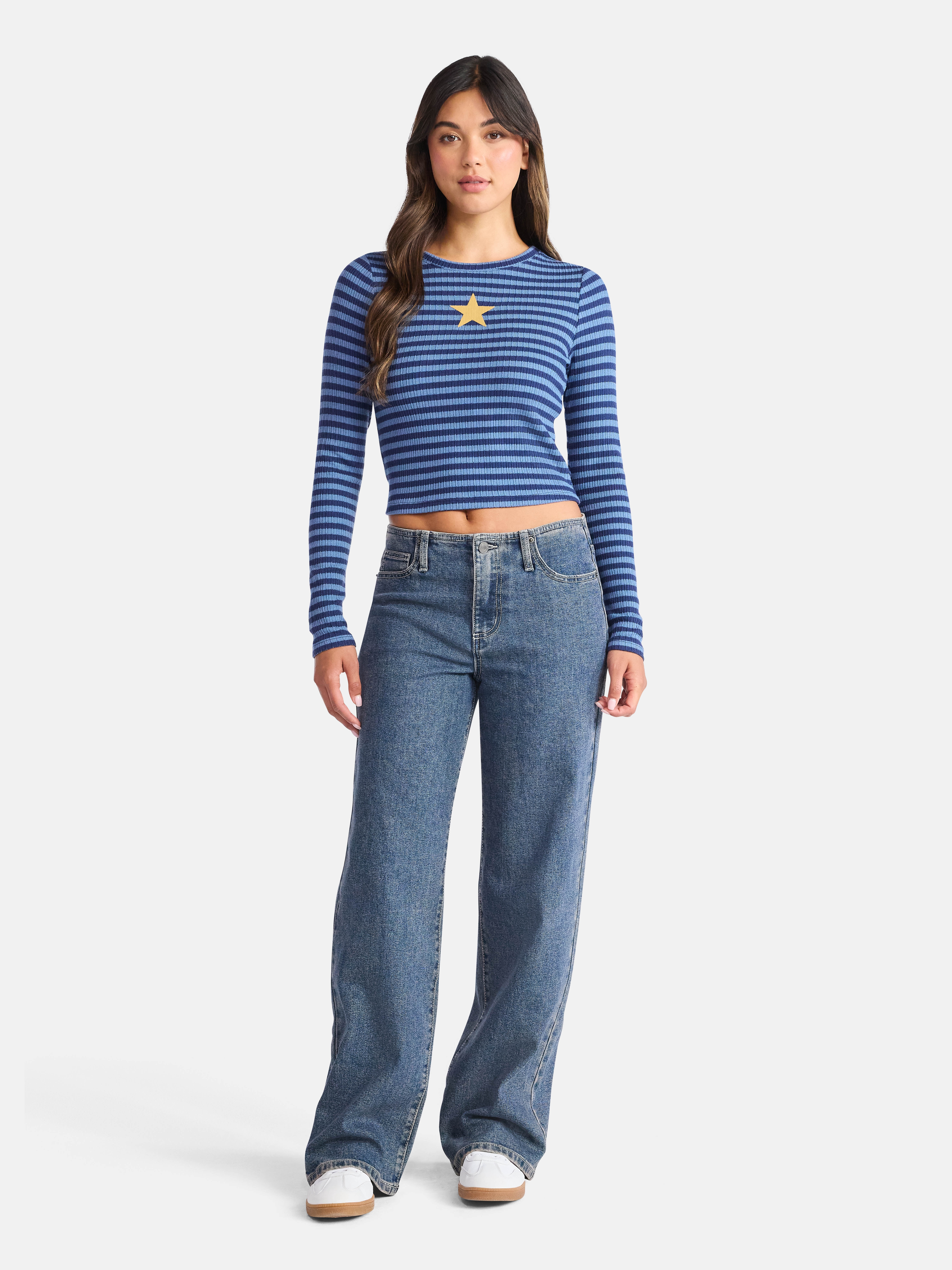 No Boundaries Graphic Striped Pointelle Long Sleeve Top, Womens