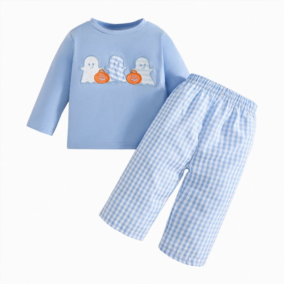 Wonitaaizi Toddler Baby Boy Halloween Ghost Pumpkin Outfit Long Sleeve Top Pants 2 Piece Clothes (18-24 Months,Light Blue)