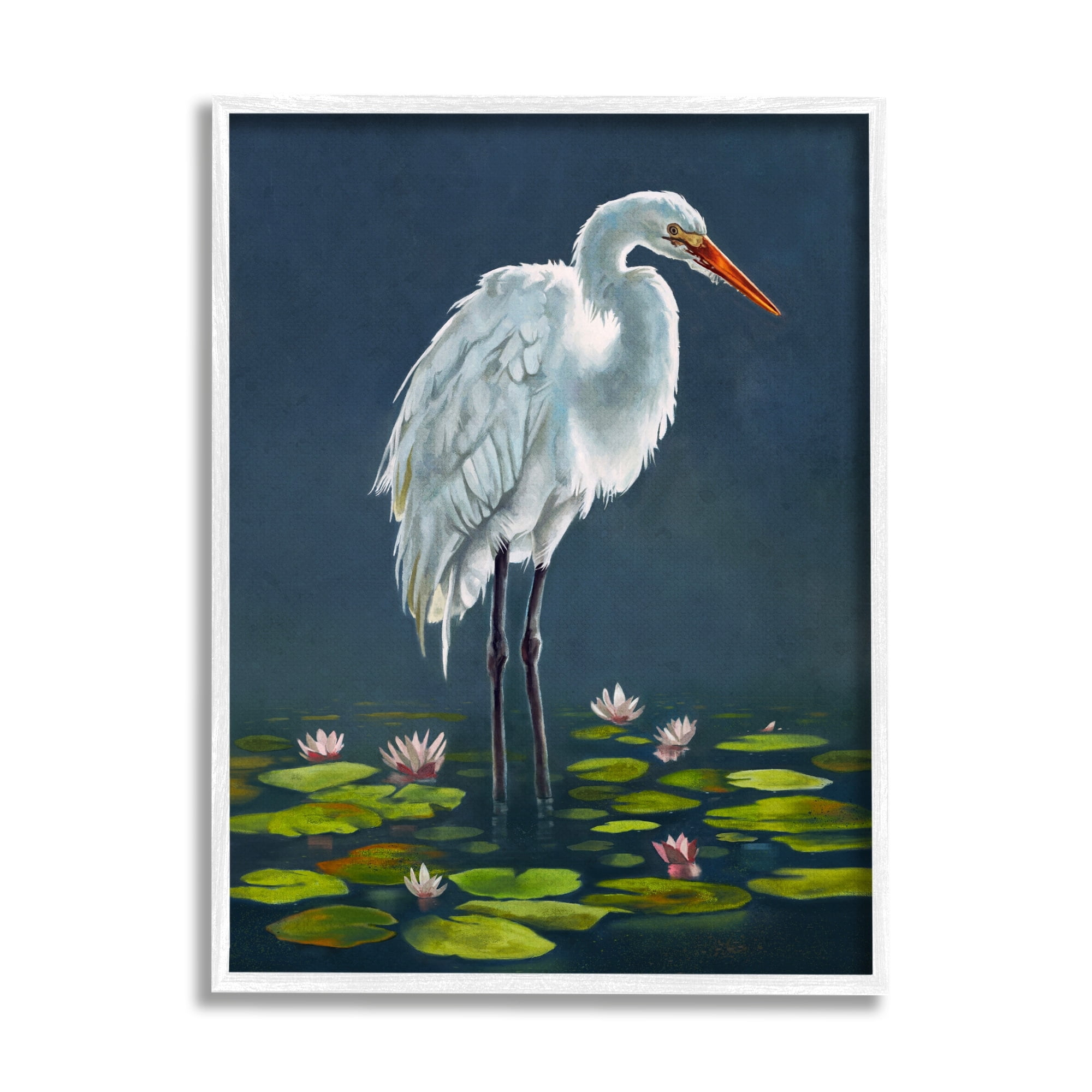 Stupell Industries Egret Bird Standing Lily Pad Pond Deep Blue, 16 x 20, Design by Lucca Sheppard