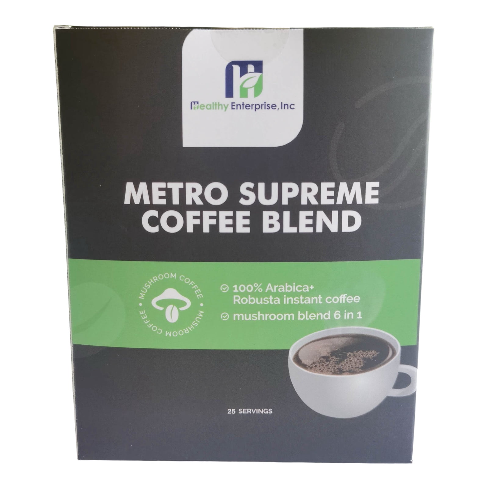 Healthy Enterprise, Inc. Supreme Blend Mushroom Coffee Naturally Caffeinated Medium-Dark Roast Roasted Flavor 25 Servings Box