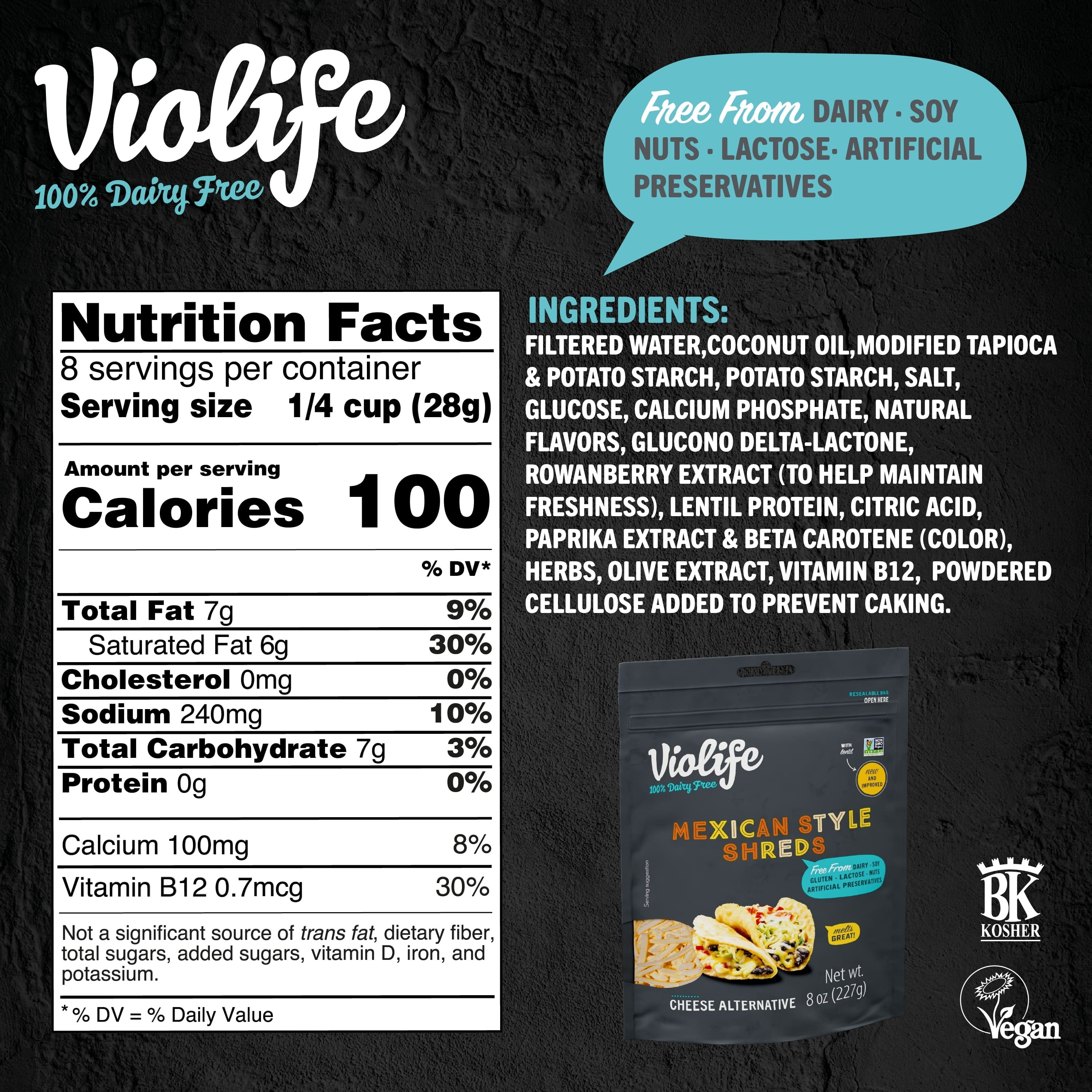 Violife Just like Mexican Style Shreds Shredded Cheese, Dairy Free Vegan, 8 oz Plastic Pack