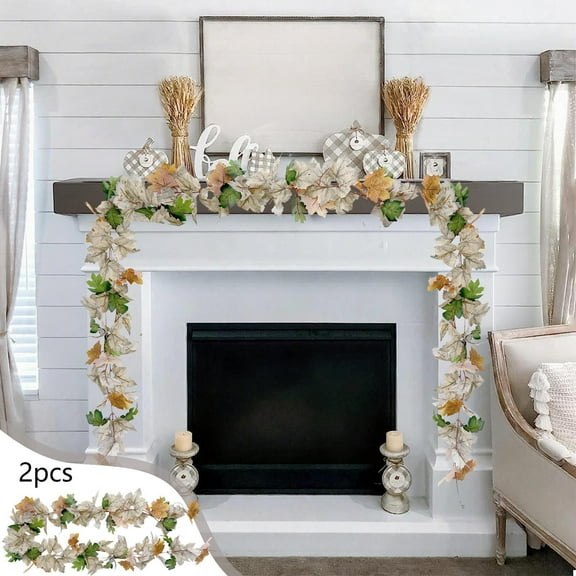 Peacheart 2Pcs 13.12FT Fall Leaf Garland, White Green Orange Artificial Maple Leaves Vine for Autumn Harvest Thanksgiving Wedding Party Farmhouse Home Fireplace Mantel Table Centerpiece