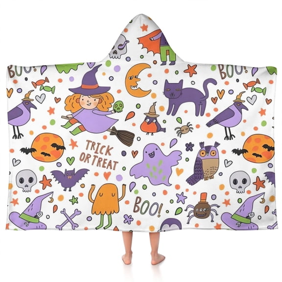 Halloween Cute Trick or Treat Characters Hooded Bath Towel,50"x30" for Ages 3 To 12 Kids, Quick Dry Lightweight Soft Microfiber Hood Beach Towel Cover Up for Kids