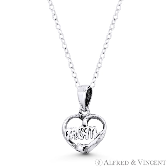 Heart Charm & "Mom" Cursive Script Pendant & Chain Necklace in .925 Sterling Silver