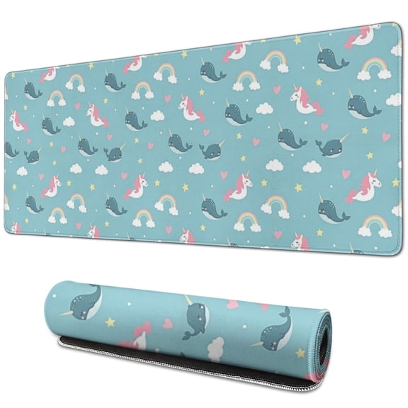 Long Mouse Pads for Desk,Blue Cartoon Unicorn and Narwhal Rainbow Cloud Desk Mats on Top Of Desks, Desk Mouse Pad Extra Large with 3mm Non-Slip Base and Stitched Edge for Gaming,Work,Home 31.5"x11.8"