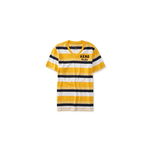 Aeropostale playera adornada con cuello en V a rayas bordadas para hombre, amarillo, extra pequeño Aeropostale Camiseta adornada