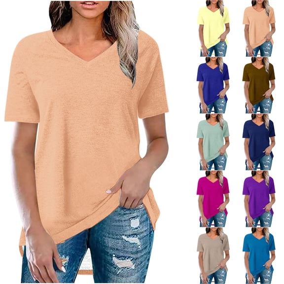 Swuxness Women Short Sleeve Casual T Shirts, Spring and Summer Tops, Ladies V-Neck Solid Color Comfortable Fashion Loose Pullover Tee Yellow, XXL