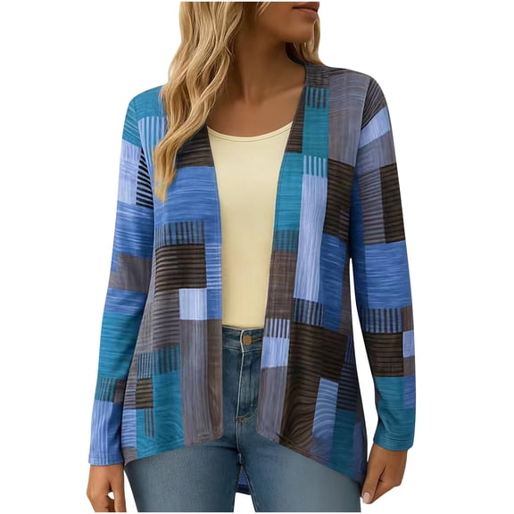 Enjoytime Women Tops Fashion Patchwork Long Sleeve Open Front Cardigan Trendy Casual Lightweight Plus Size Blouses Blue XXL