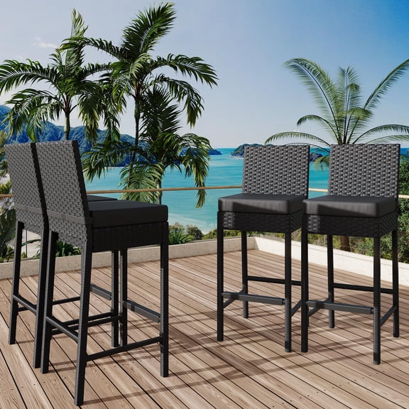 Outdoor Wicker Bar Stools Set of 4,Patio Rattan Barstools for Backyard