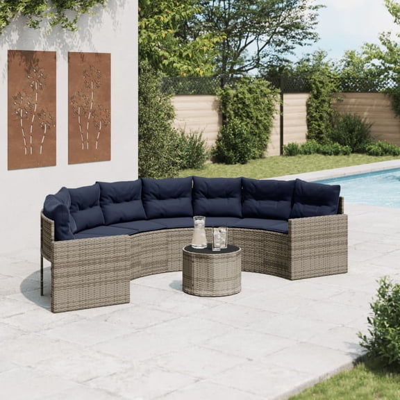 vidaXL Patio Sofa with Table and Cushions Half-Round Gray Poly Rattan