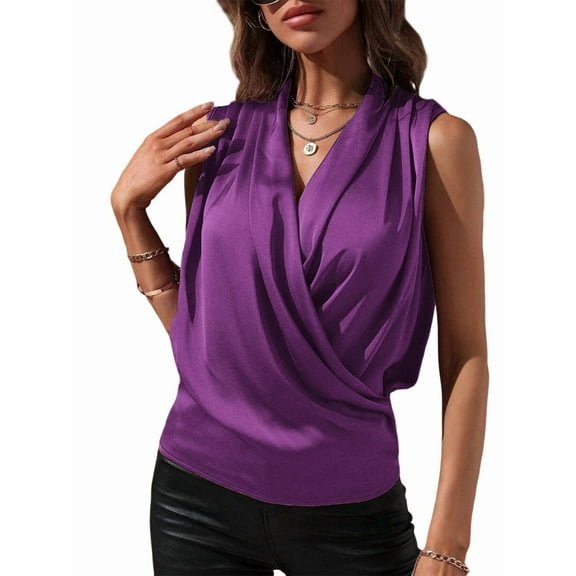 Women'S Elegant Satin Wrap V Neck Sleeveless Tank Blouse Tee Top S