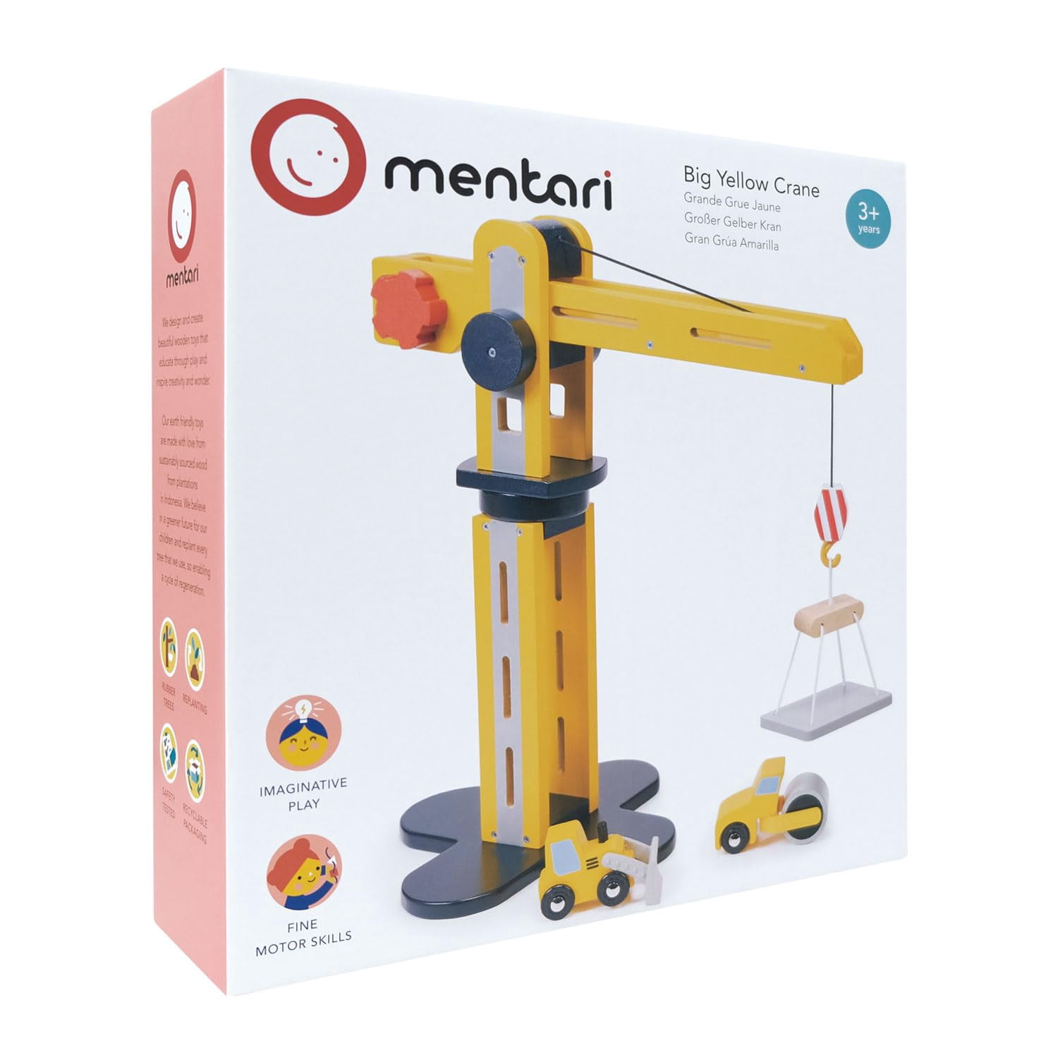 Mentari Toys - Big Yellow Crane - Wooden Large Crane with Lifting Arm with Front Loader and Road Roller - Imagination and Storytelling - Age 3+