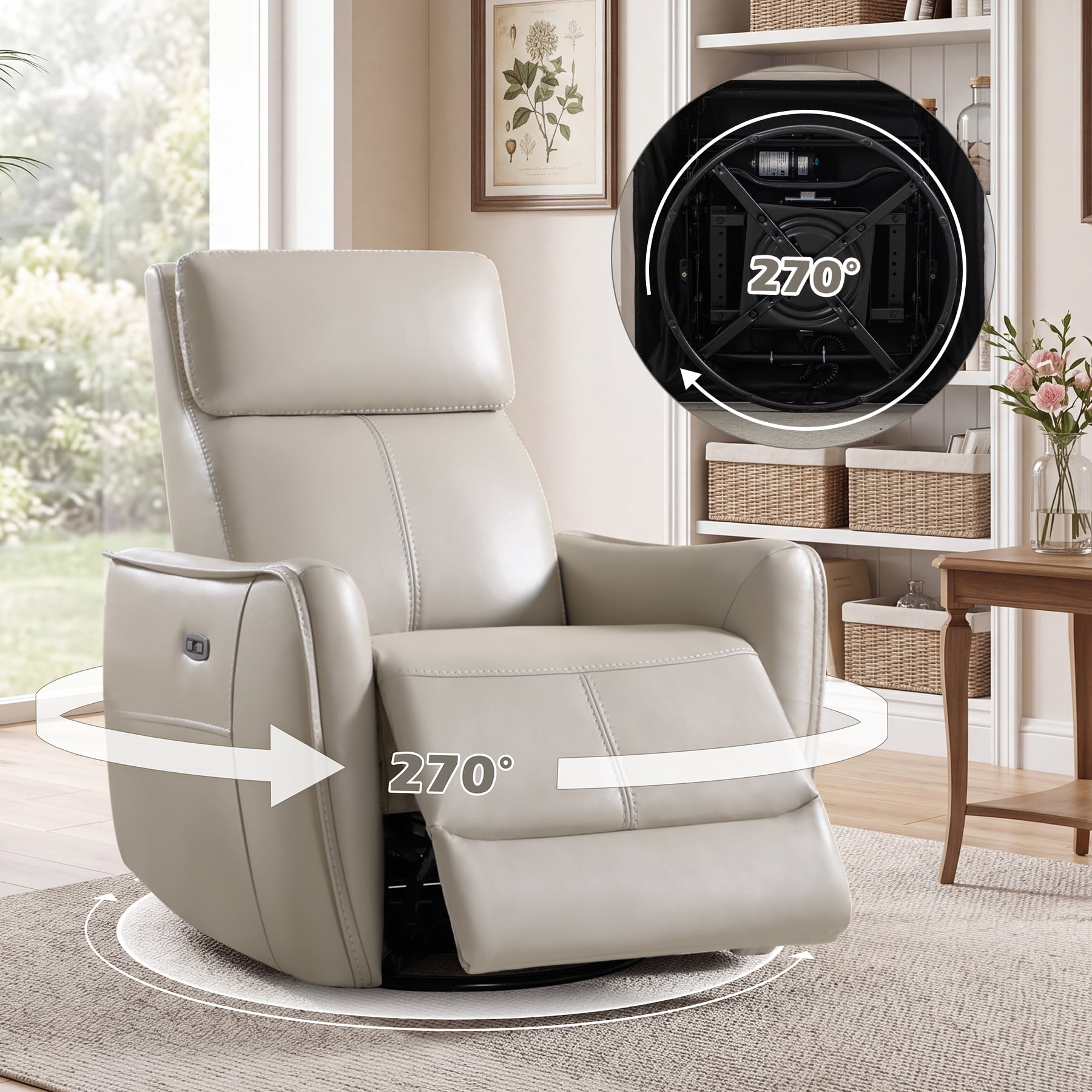 Ebello Power PU Leather Swivel Rocker Recliner, Electric Swivel Glider Chair with USB & Type-C Ports for Nursery, Living Room, Gray