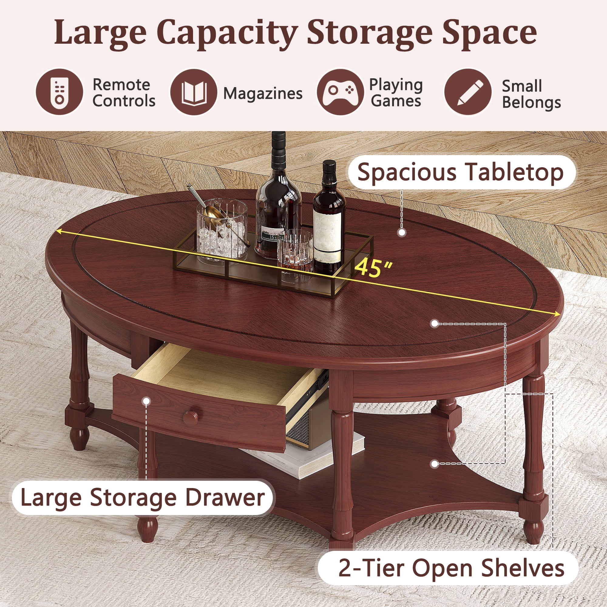 GARITIN Oval Coffee Table 45 Inch, Vintage Cocktail Table with Drawer and Storage Shelf for Living Room, Cherry