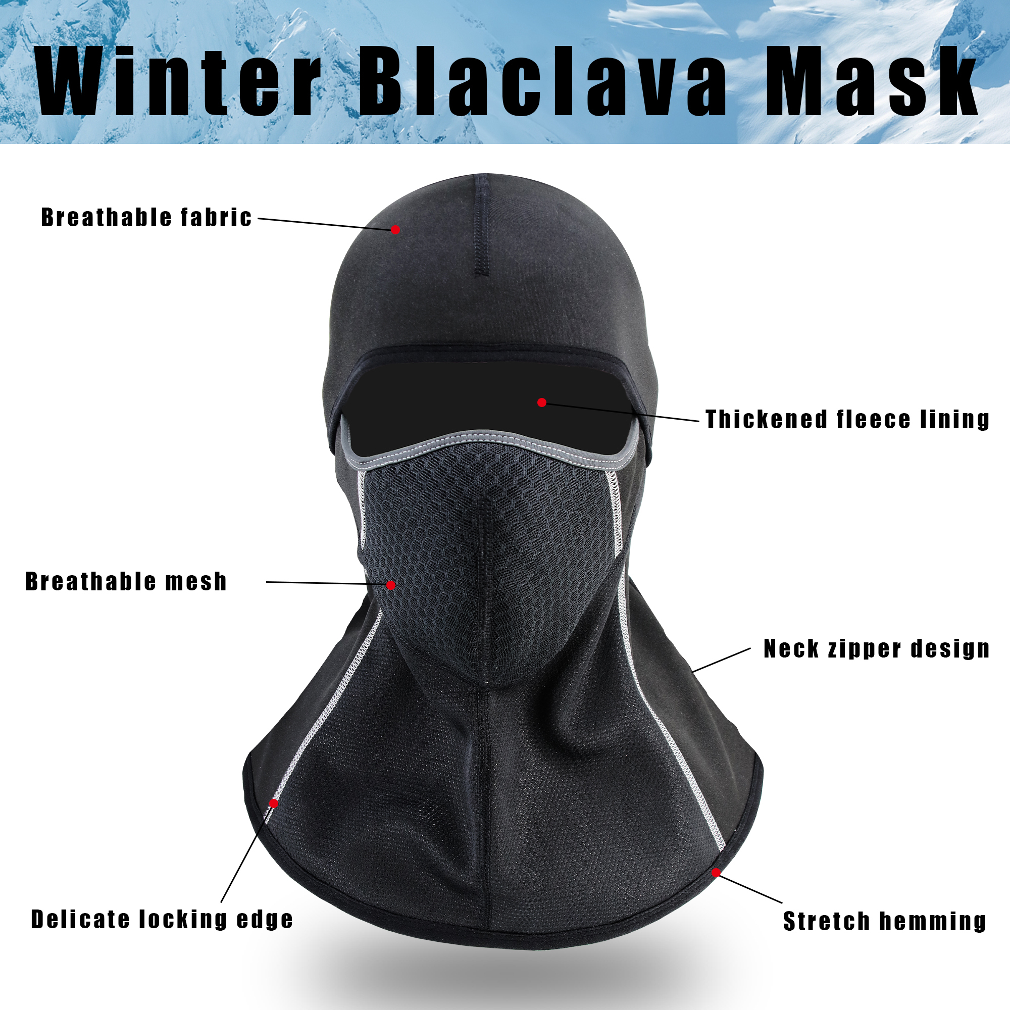 Ski Mask Balaclava Winter Mask Face Mask for Men Women Cold Weather Thermal Breathable Windproof with Zipper Black