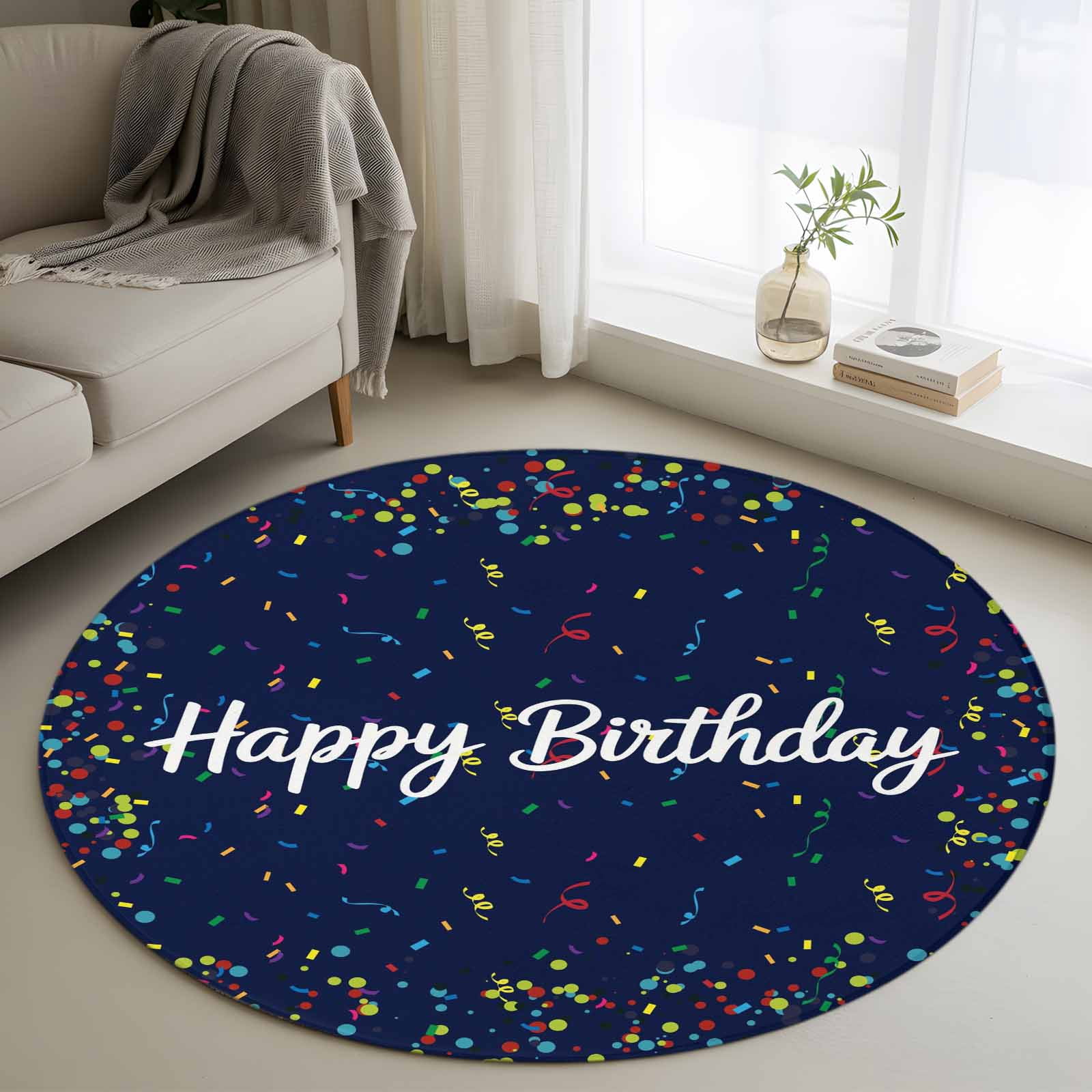 Happy Birthday Large Area Rugs for Bedroom Living Room, Soft Non Slip Carpet Bedside Rug, Navy Blue Modern Abstract Art Round Floor Cover Kitchen Accent Rug 4' for Dining Room/Office