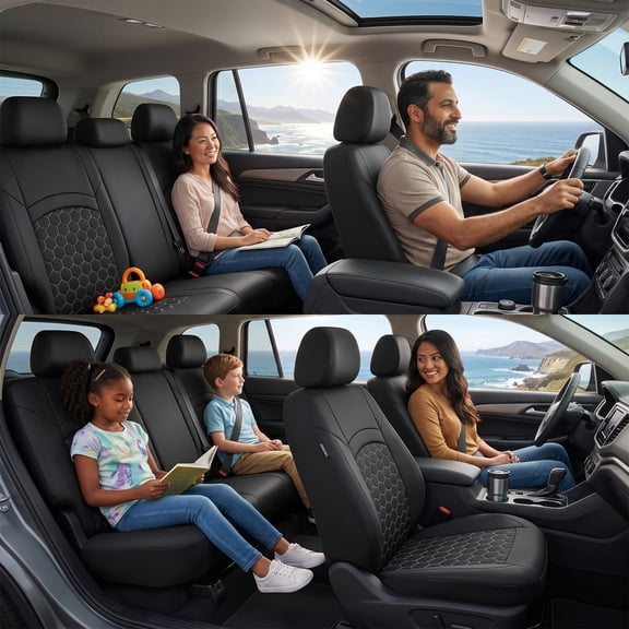 Cacagoo 5 Seat All-Season Car Seat Covers, 9PCS PU Leather Front and Rear Seat Protectors with Airbag Compatible & Comfortable and Breathable (Black)