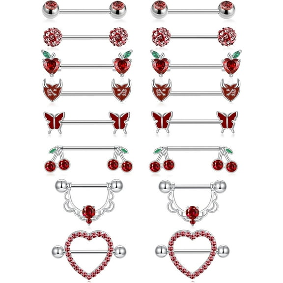 8 Pairs Nipple Rings Tongue Ring 14G Stainless Steel CZ Ball Butterfly Cherry Heart Apple Straight Nipple Barbells Body Piercing Jewelry for Women Silver Red Tone 16mm