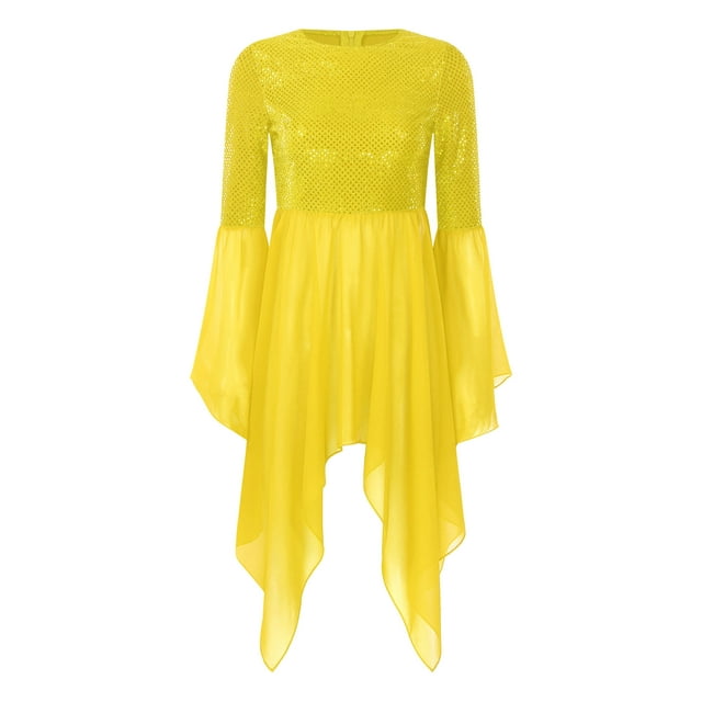 vastwit Costume de Danse pour Femmes Superposition Tunique à Paillettes Culte Lyrique Robe de Danse Jaune P