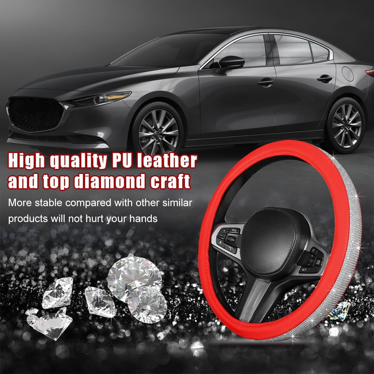 Sparkling Crystal Rhinestone Bling Car Steering Wheel Cover for Women Anti Slip Auto Wheel Protector Fit 15 Inch Steering Wheel Universal Car Accessories, White Red