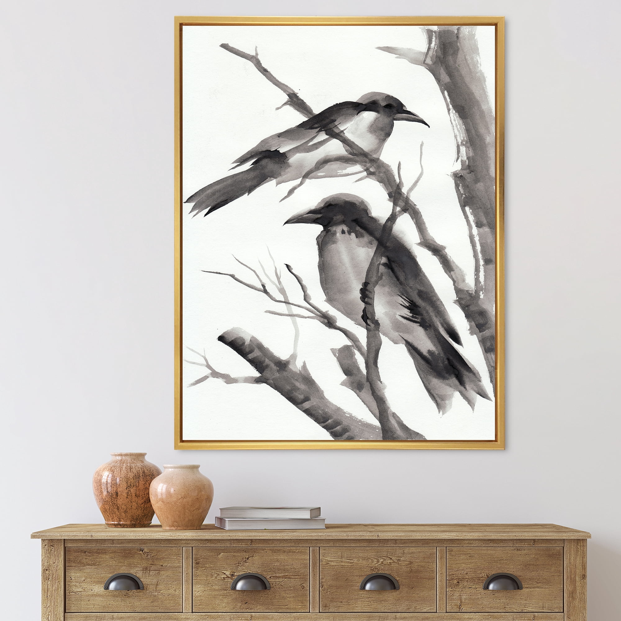 Designart 'Vintage Black and White Sleeping Crows' Traditional Framed Canvas Wall Art Print