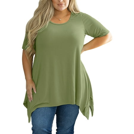 SHOWMALL Plus Size Clothes for Women Tunic Tops Short Sleeve Olive 3X Summer Blouse Swing Tee Crewneck Clothing Flowy Shirt for Leggings