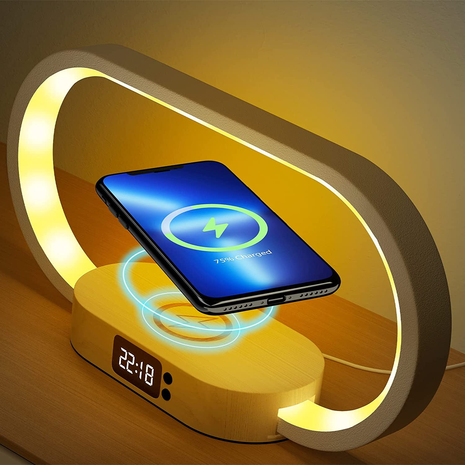 Uervoton Bedside Lamp with USB Port,Bedroom Lamp with 10W Fast Wireless Charger,Nightstand Lamp with Clock,Table Lamps for Nightstand,Touch Lamps for Bedroom,Wood Decor,Stepless Dimming&3 Color Mode