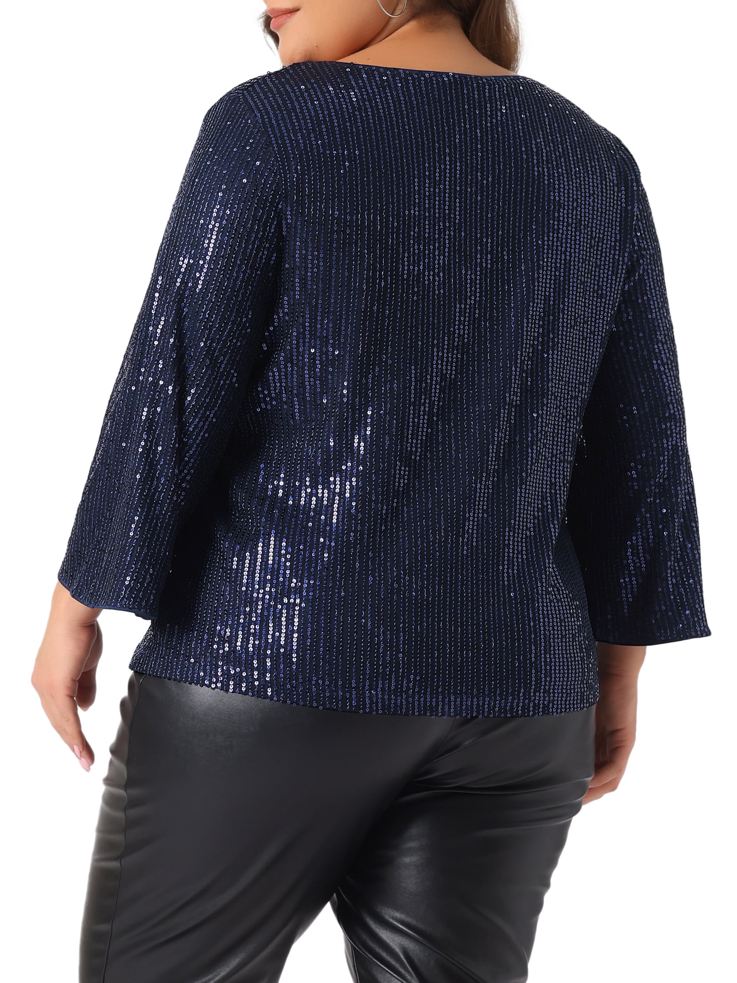 DARING DIVA Women's Plus Sequin 3/4 Sleeve V Neck Glitter Top 1X Navy Blue
