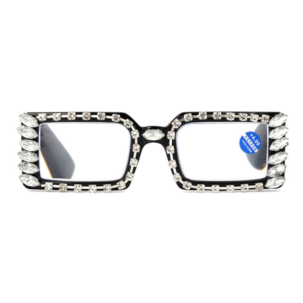 3 Pairs of Women Silver Rhinestone Black Reading Glasses 3.00 Ladies Square Anti-Blue Light Readers +3.00 strength