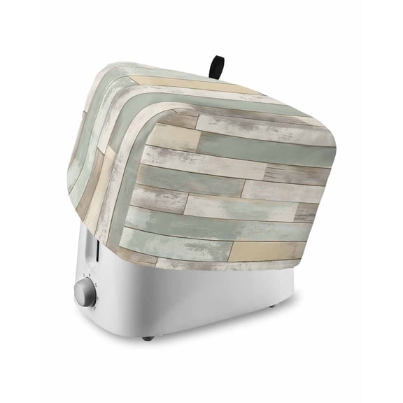 Fsddascl Beige Light Green Toaster Cover 2 Slice, Small Kitchen Appliance Covers, Farmhouse Wooden Striped Toaster Oven Cover with Loop, Bread Machine Cover Polyester Dust Cover Protection