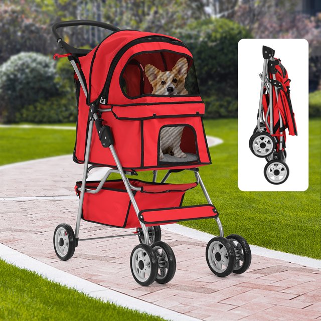 Dkelincs Poussette pour Animaux à 4 Roues, Poussette Pliante pour Chat et Chien, Transporteur de Voyage avec Porte-Gobelet et Panier de Rangement, Rouge