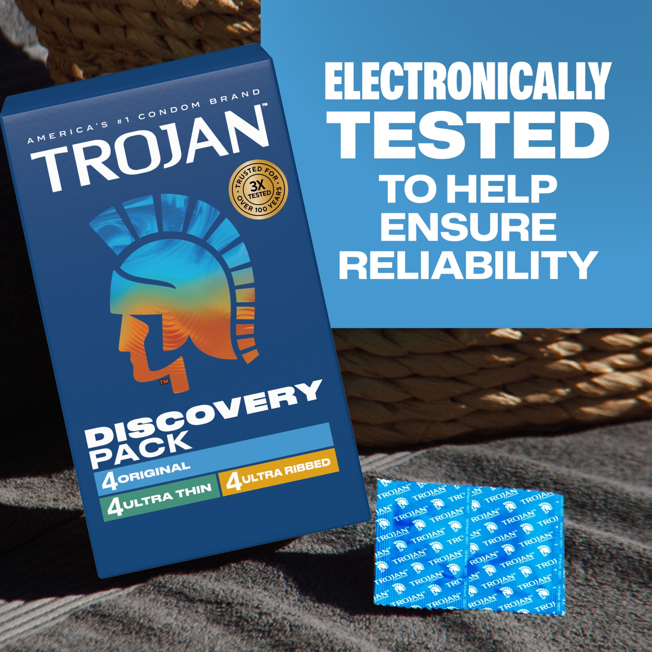 Trojan Discovery Pack, Assorted Latex Lubricated Condoms for Men, Original, Ultra Thin & Ultra Ribbed Varieties, 12 Count