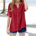 thumbnail image 2 of XXWXYD Girls Linen Blend Button-Down Shirt - Loose Fit Stand Collar V-Neck Tunic Top, Summer Casual Blouse with Breathable Fabric for Teens, 2 of 4