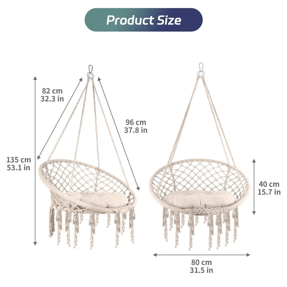 Macrame Hanging Chair, 31.5in Large Cotton Swing Chair with Cushion, 330LBS Load Capacity Hammock Chair for Bedroom, Patio, Balcony, Indoor Outdoor Use