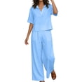thumbnail image 2 of hoksml Women's 2 Piece Outfit Collared Neck Short Sleeve Top and Wide Leg Pants Cotton Linen Blend Casual Set, 2 of 8