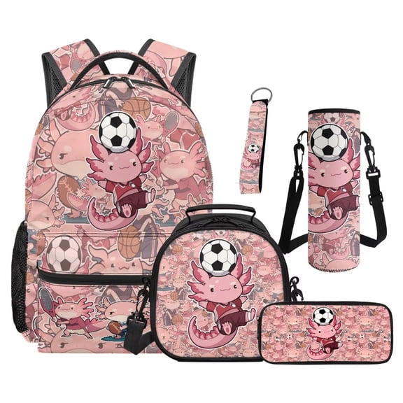 XYZCANDO Cartoon Axolotl Backpack School Set 5Pcs with Portable Lunch Bag Pencil Case Lanyard Keychain Fashion Backpack for Kids Teens