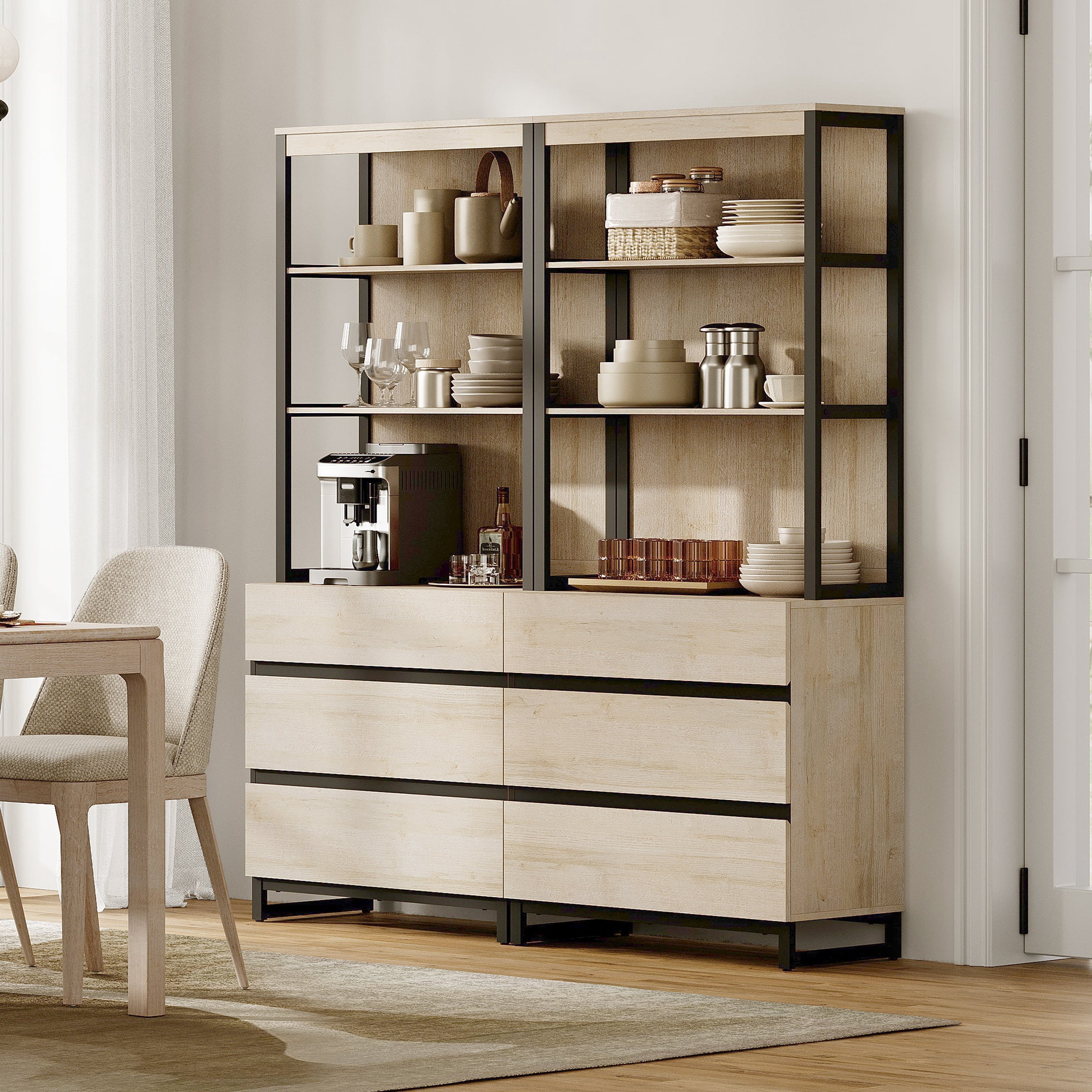 WAMPAT 2 PCS Modern 72" Tall Bookcase with 6 Drawers and Open Book Shelfs, Library Book Shelf with Storage Cabinet and Metal Base, Wood Freestanding Bookshelves for Home Office, Living Room, Beige