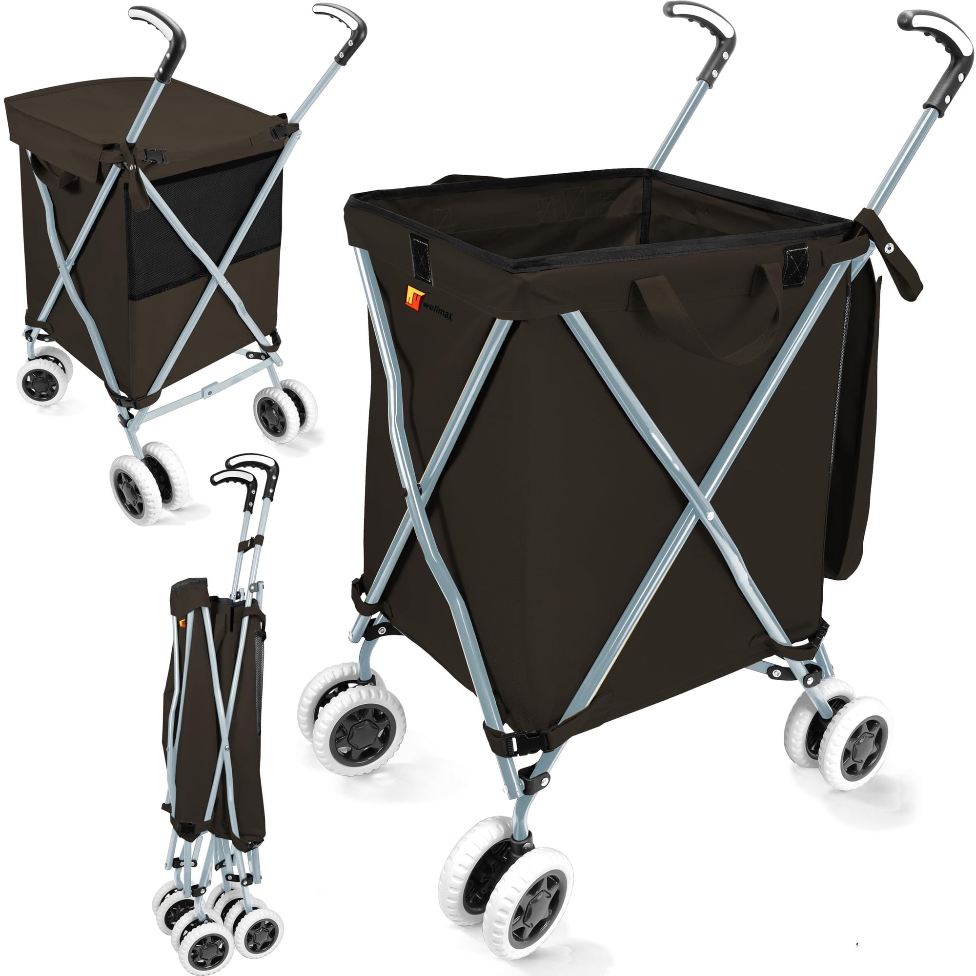 Wellmax WM99100 Series Folding Shopping Cart with Wheels, Grocery Cart with Removable Canvas with Cover, Lightweight Utility Cart for Groceries and Laundry - Holds up to 120 lbs Black