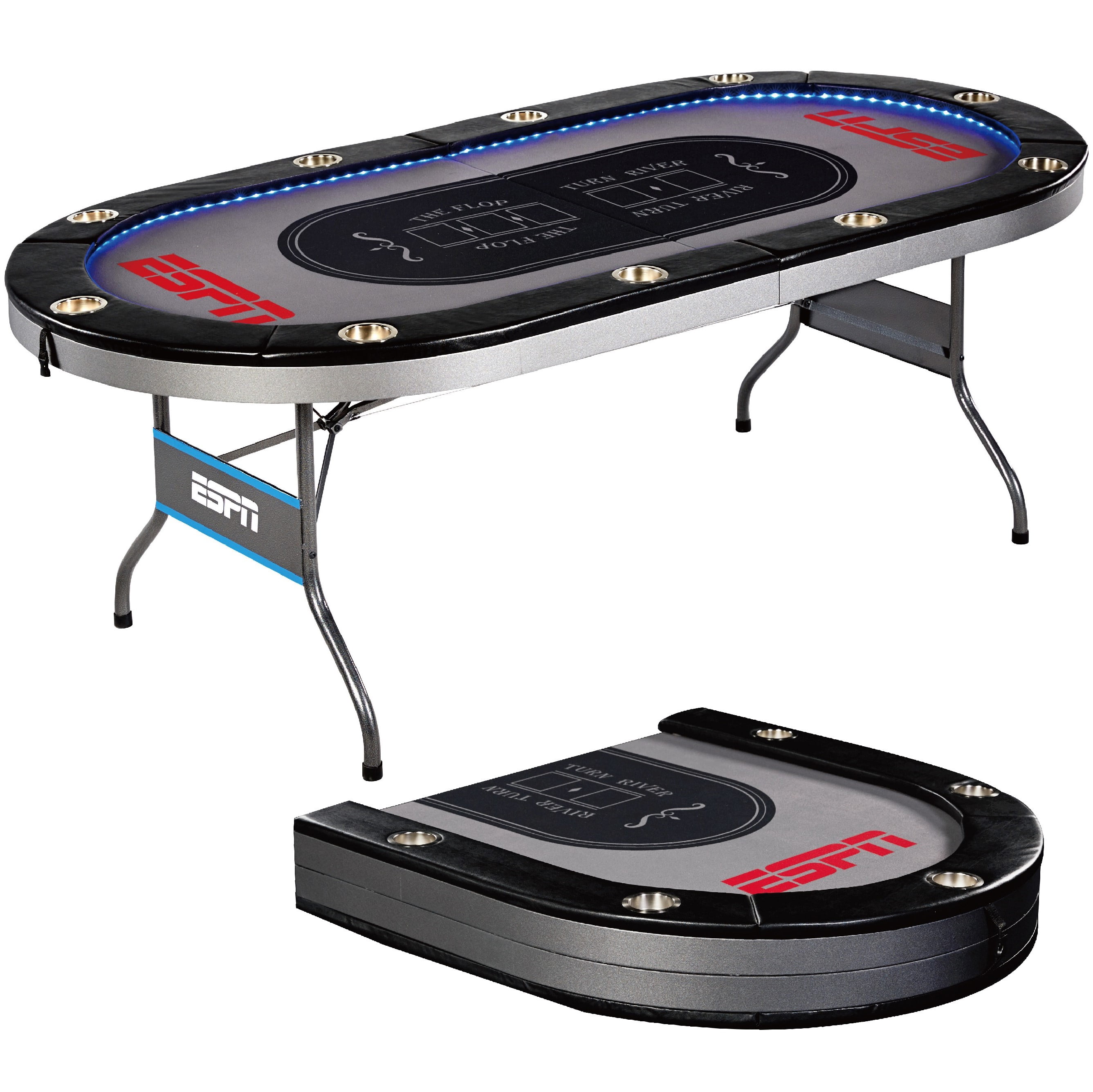 ESPN 10-Player Premium Poker Table LED Lights Foldable Play Game Room Recreation 