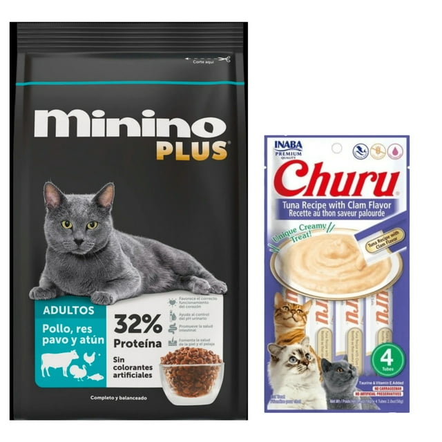 Minino Plus 10 Kg + Churu Atún con Almeja Sobre con 4 Tubos