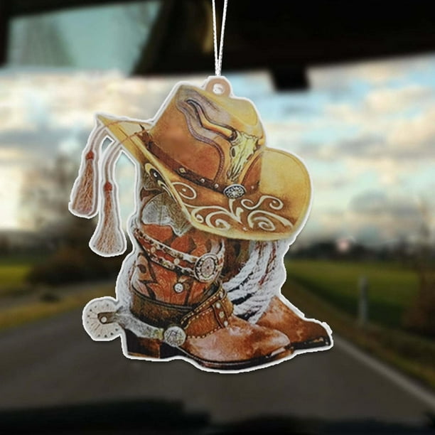 XIAOL Cowboy Hat Car Hanging Ornament Personalized Cowgirl Boots Car Rear View Mirror Accessories Wild West Car Charm Interior Rearview Pendant
