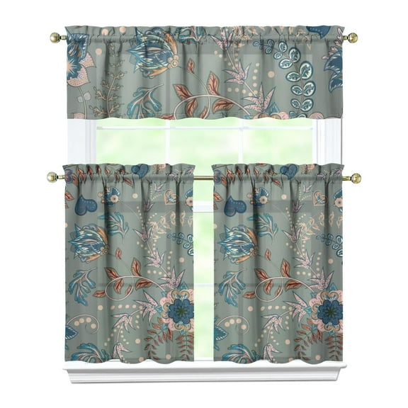 3 PCS Vintage Paisley Kitchen Curtains Set with Valance - Boho Floral Tier Curtains for Small Windows, Semi-Sheer Rod Pocket Farmhouse Window Treatment Panels