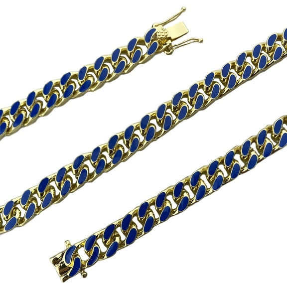 Men's 14K Gold Plated Miami Cuban Necklace Blue Enamel Hip Hop  Chain 22" inch x 10.5 MM Thick