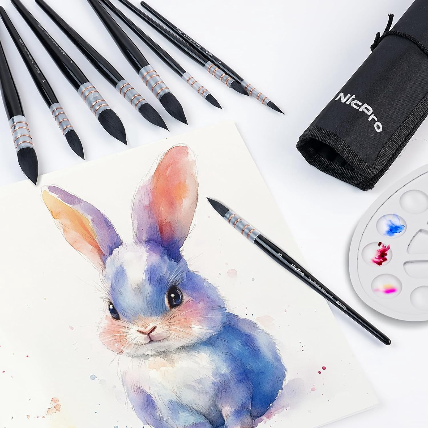 9 PCS Watercolor Brushes, Professional Synthetic Squirrel Hair Water Color Paint Brush Set with Canvas Roll, Absorptive Mop Paintbrushes Artist Supplies for Watercolor, Gouache, Inks Painting