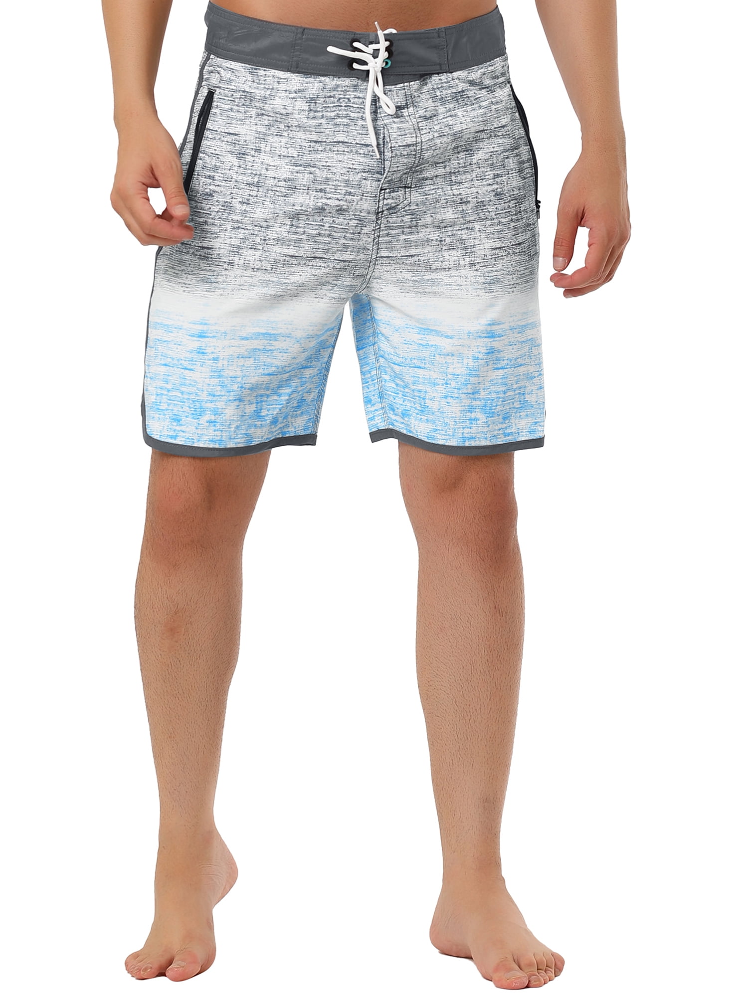 Unique Bargains Men's Summer Drawstring Contrast Color Printed Beach Boardshorts 34 Gray Blue