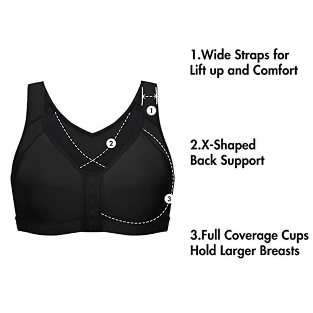 Women's Full Coverage Front Closure Wire Free Back Support Posture Bra  Gather Sports Bra - Black