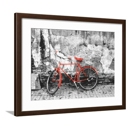 Color Pop, Bike against wall, Beijing, China, Living Coral Framed Print Wall